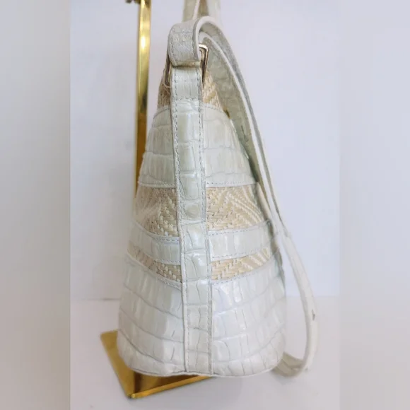 Brahmin Snowball Raffia And Croc Embossed Leather Crossbody Satchel Purse - Picture 5 of 9